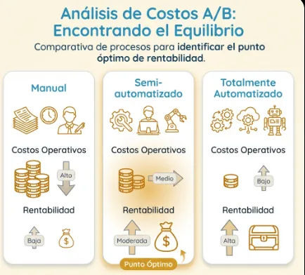 Infografía que compara procesos manuales, semi-automatizados y totalmente automatizados. Destaca el enfoque semi-automatizado como el punto óptimo de rentabilidad, equilibrando costos operativos y ahorro.
