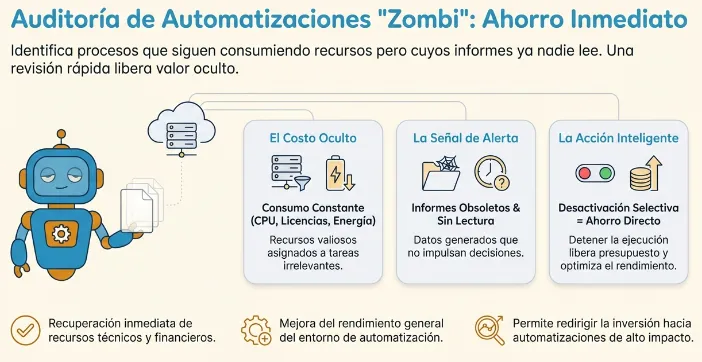 Esquema que explica las automatizaciones zombi: procesos que consumen CPU, licencias y energía generando informes que nadie lee. Propone la desactivación selectiva para ahorrar costos y mejorar el rendimiento.