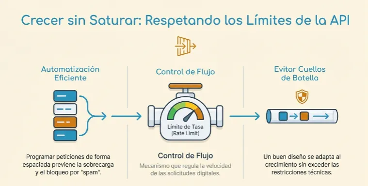 Diagrama de flujo de automatización eficiente con tres etapas: Automatización Eficiente (programar peticiones espaciadas), Control de Flujo (mecanismo de Rate Limit con válvula y manómetro) y Evitar Cuellos de Botella (flujo adaptado al crecimiento sin exceder restricciones técnicas).