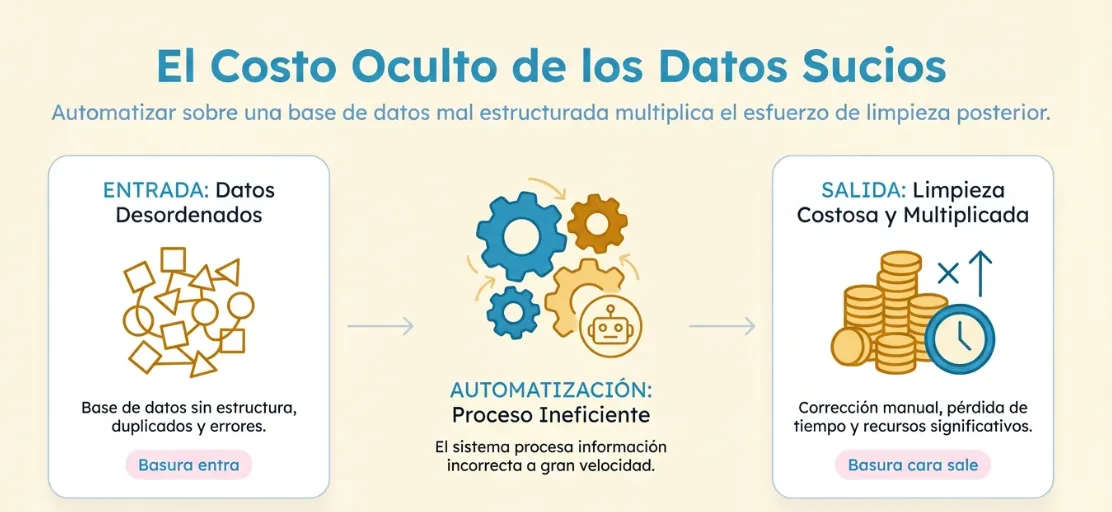 Infografía que demuestra el efecto de los datos sucios en la automatización. Con datos desordenados (basura entra), el proceso se vuelve ineficiente y genera una salida costosa que requiere limpieza manual (basura cara sale).