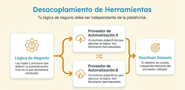 Infografía sobre el desacoplamiento en arquitectura de software, mostrando cómo separar la lógica de negocio del proveedor de servicios permite mayor flexibilidad y resiliencia.