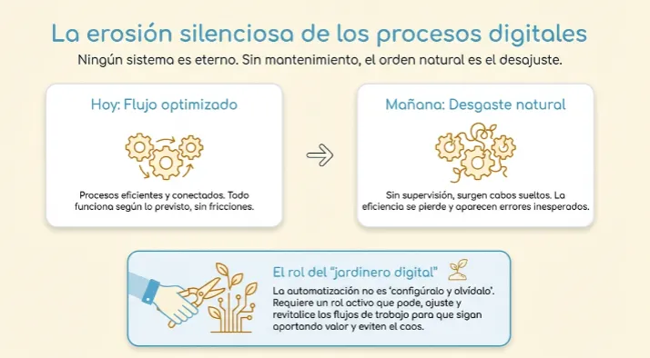 Comparativa entre un Flujo optimizado (engranajes conectados) y Desgaste natural (engranajes con desajustes). Muestra la mano de un jardinero digital podando un circuito, destacando que la automatización requiere mantenimiento activo.