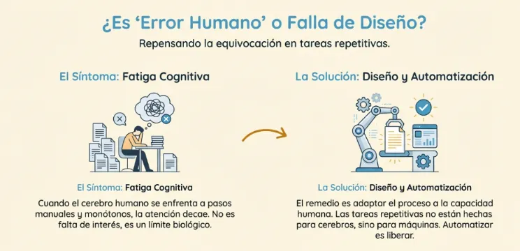 Infografía que analiza el 'error humano' como un síntoma de fatiga cognitiva, proponiendo la automatización y el diseño como soluciones para adaptar los procesos a la capacidad humana.