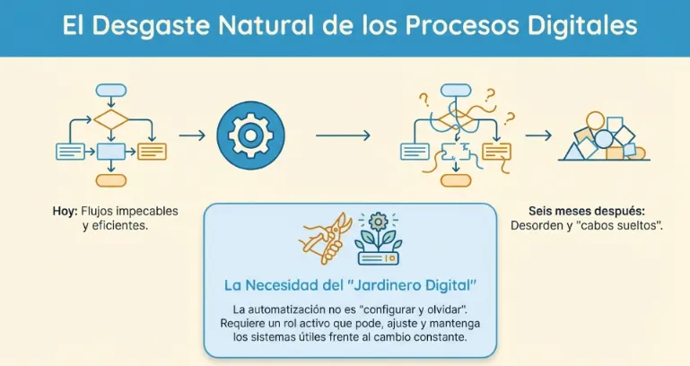 Ilustración de un técnico revisando un panel de conexiones digitales, simbolizando la revisión constante necesaria para mantener flujos de trabajo automatizados.