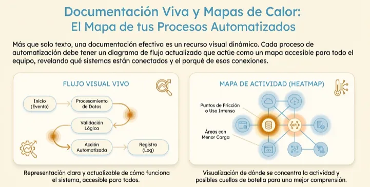 Infografía sobre Documentación Viva y Mapas de Calor, mostrando un flujo visual vivo y un mapa de actividad (heatmap) para procesos automatizados.