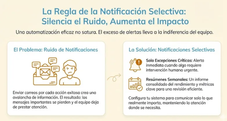 Gráfico que compara una bandeja de entrada saturada de notificaciones basura frente a un canal de alertas filtrado y relevante.