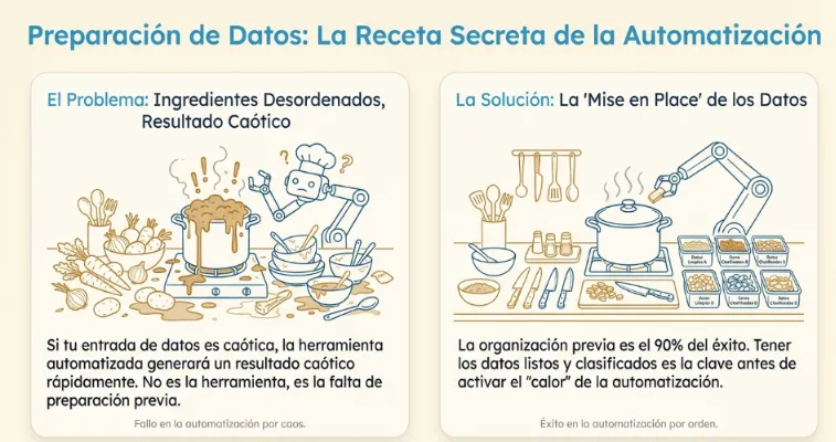 Infografía comparativa entre una cocina caótica (datos desordenados) y el concepto de 'Mise en Place' (datos organizados), resaltando que la preparación previa es el 90% del éxito.