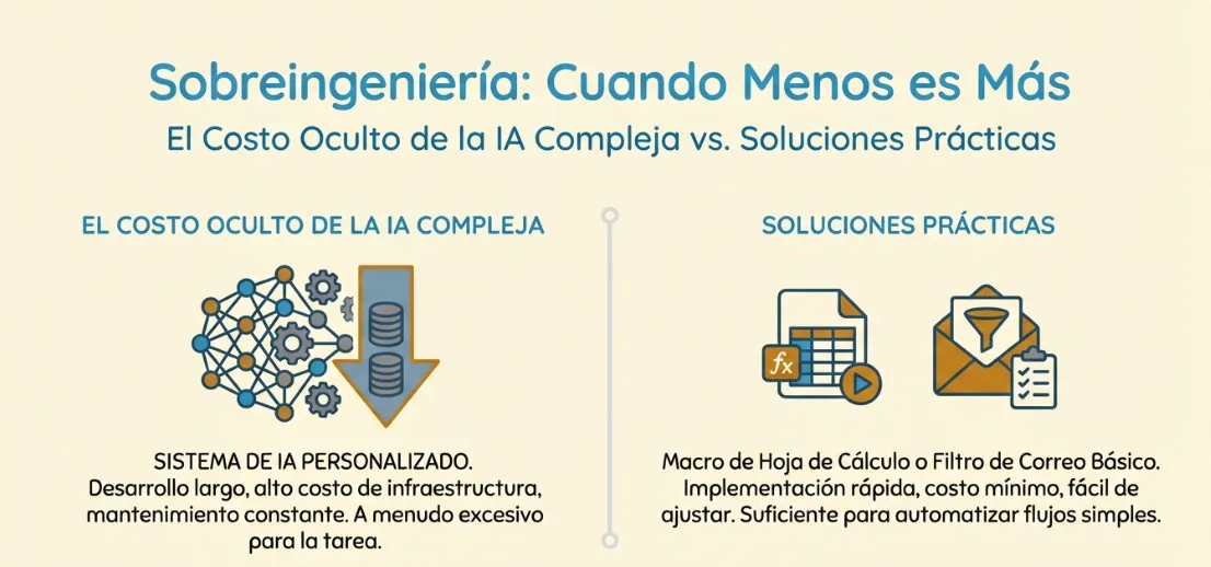 Comparativa entre sistemas de IA complejos y soluciones prácticas. Muestra los altos costos y tiempos de desarrollo de una IA a medida frente a la rapidez y bajo costo de una macro de hoja de cálculo o un filtro de correo.