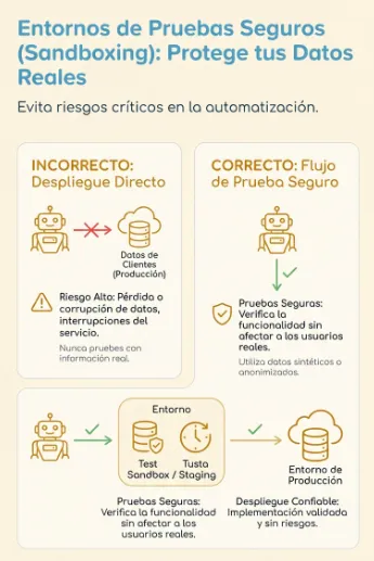 Infografía sobre la importancia del Testing en automatización, comparando un entorno controlado (test) con el impacto directo en producción para evitar riesgos operativos.