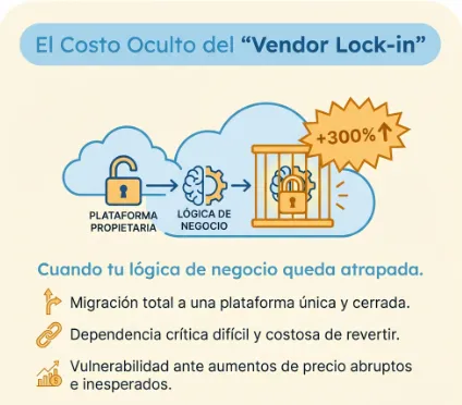 Ilustración del "Vendor Lock-in" mostrando la lógica de negocio atrapada en una jaula de plataforma propietaria. Advierte sobre el aumento de costos y la dificultad de migración cuando se depende excesivamente de un solo proveedor cerrado.